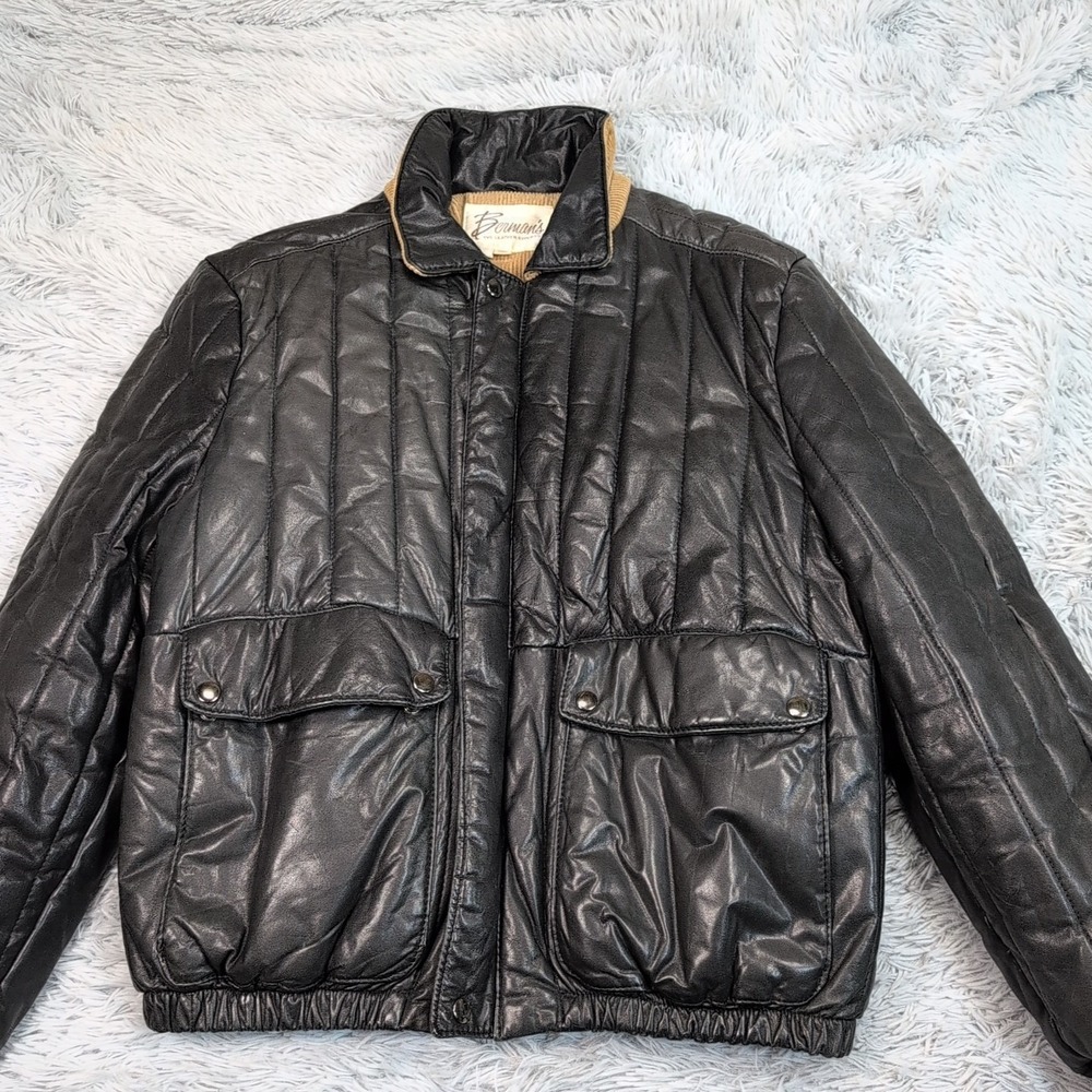 Vintage Berman's Jacket Mens M Black Leather Softshell Zip Up Aviator Moto